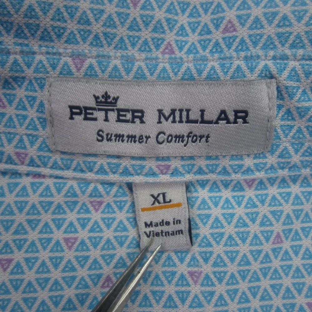 Peter Millar Polo Shirt Mens XL Blue Geometric Golf‎ Summer Comfort Short Sleeve